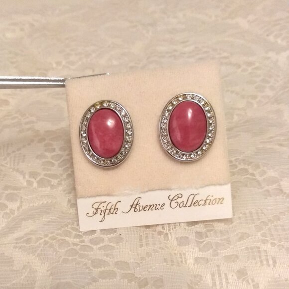 Vintage Genuine Pink Coral Clear Cubic Zirconia Silver Tone Oval Clip Earrings - Picture 2 of 8